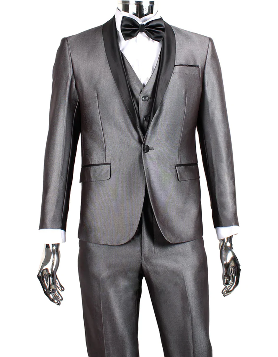 Gray Prom Suit - Mens 1 Button Shawl Lapel Vested Wedding | Prom Tuxedo in Silver Grey Sharkskin