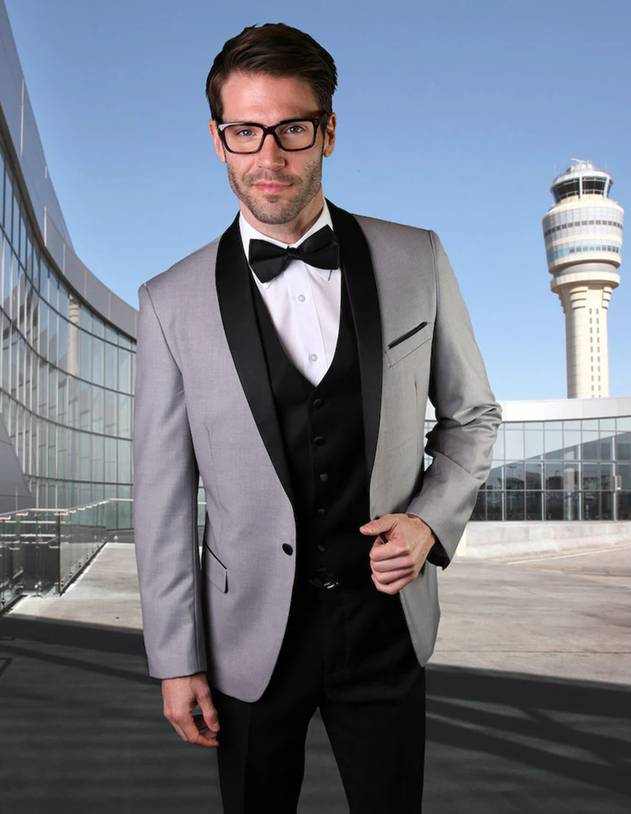 Gray Prom Suit - Mens Vested Wool Shawl Lapel Tuxedo in Grey