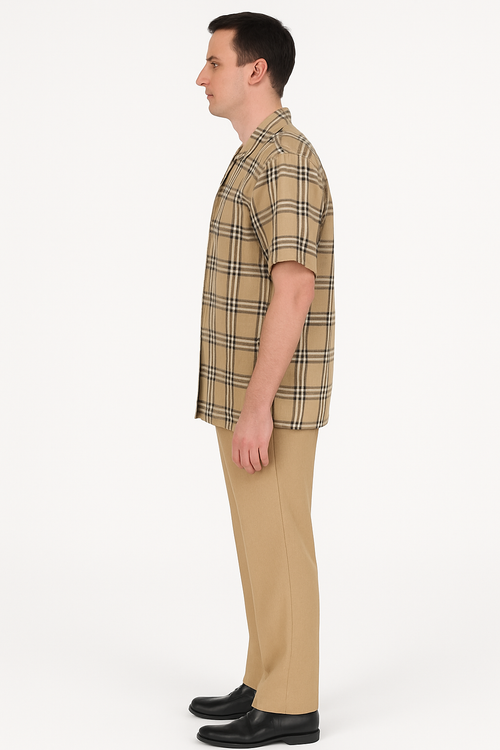 Men’s Beige Plaid Short Sleeve Shirt – Casual Summer Wear
