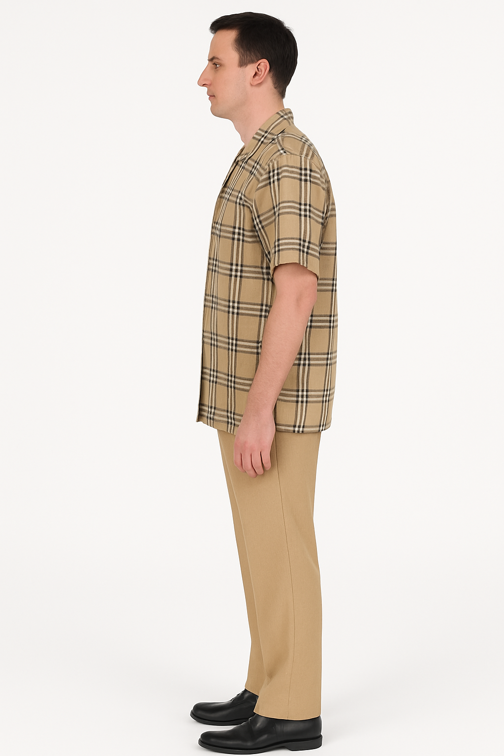Men’s Beige Plaid Short Sleeve Shirt – Casual Summer Wear