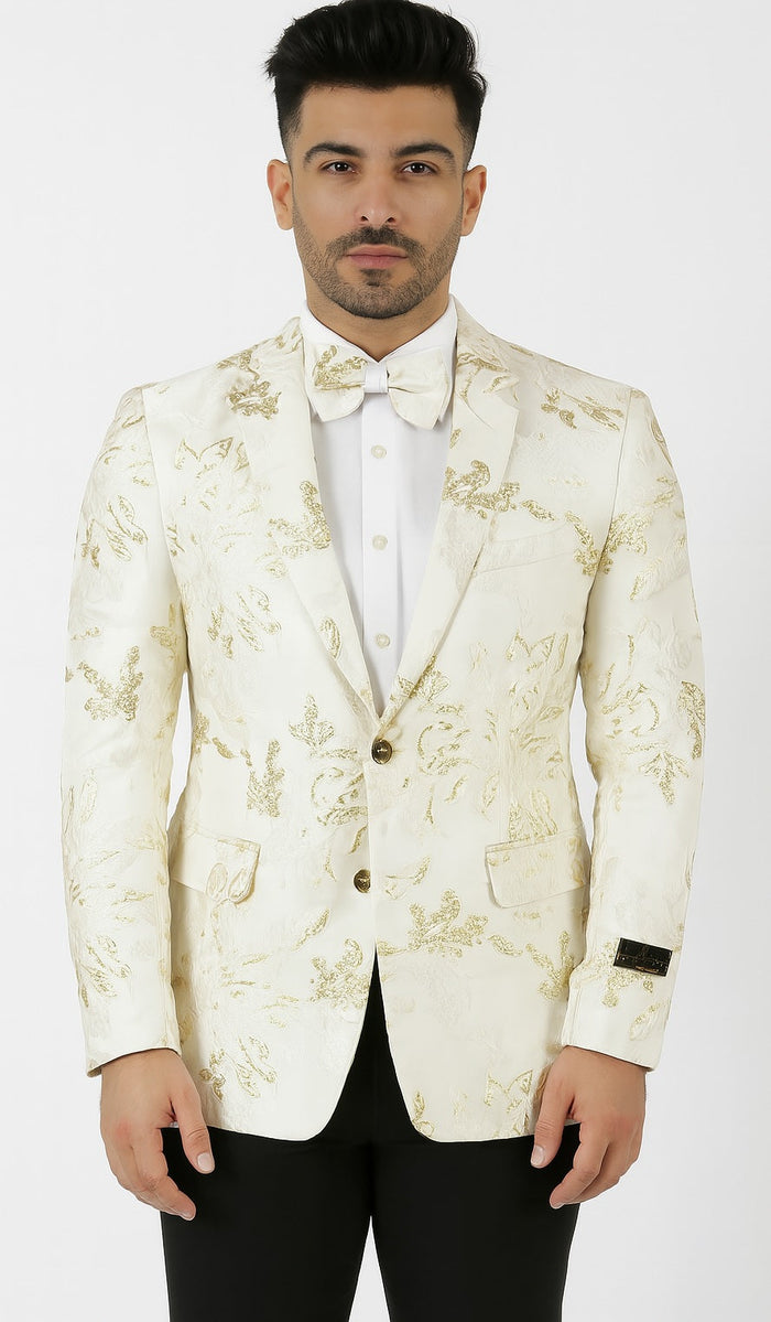 Mens 2 Button White with Gold Foil Floral Blazer by Alberto Nardoni