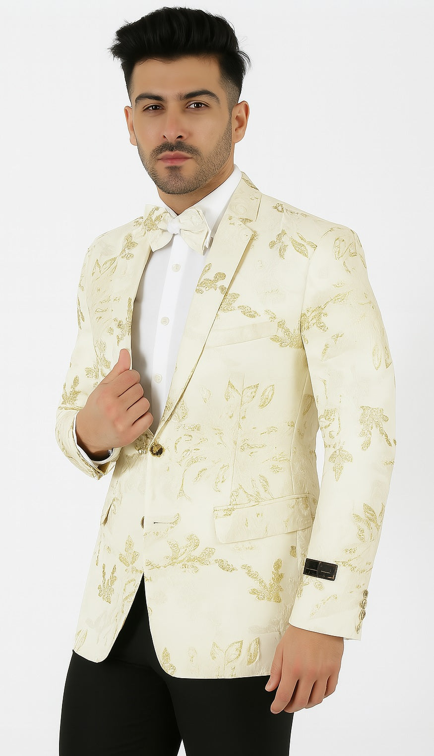 Mens 2 Button White with Gold Foil Floral Blazer by Alberto Nardoni