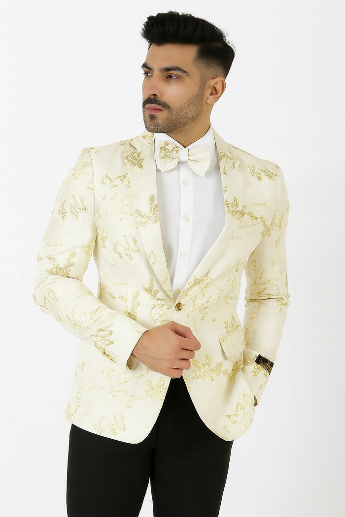 Mens 2 Button White with Gold Foil Floral Blazer by Alberto Nardoni