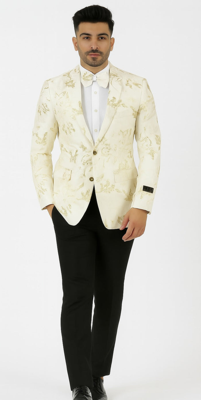 Mens 2 Button White with Gold Foil Floral Blazer by Alberto Nardoni