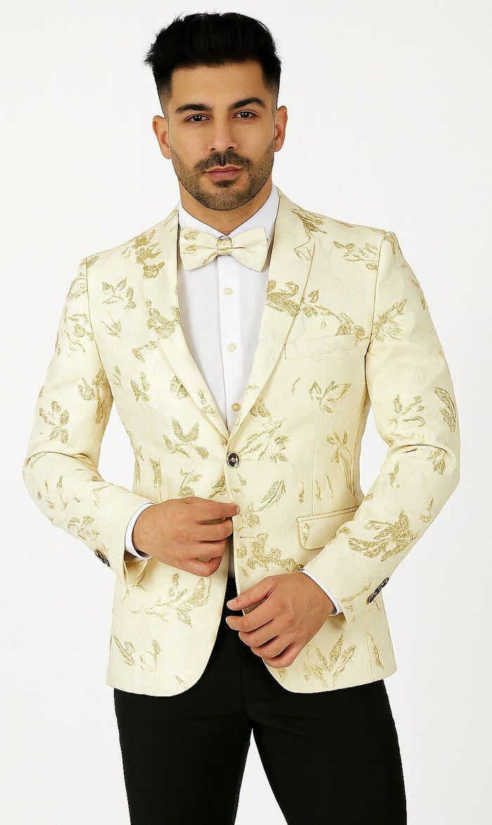Mens 2 Button White with Gold Foil Floral Blazer by Alberto Nardoni