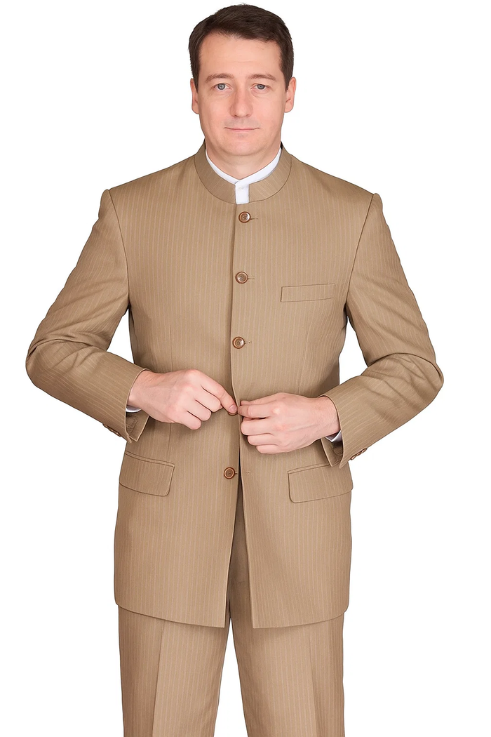 Mens 5 Button Mandarin Collar Suit in Tan Pinstripe