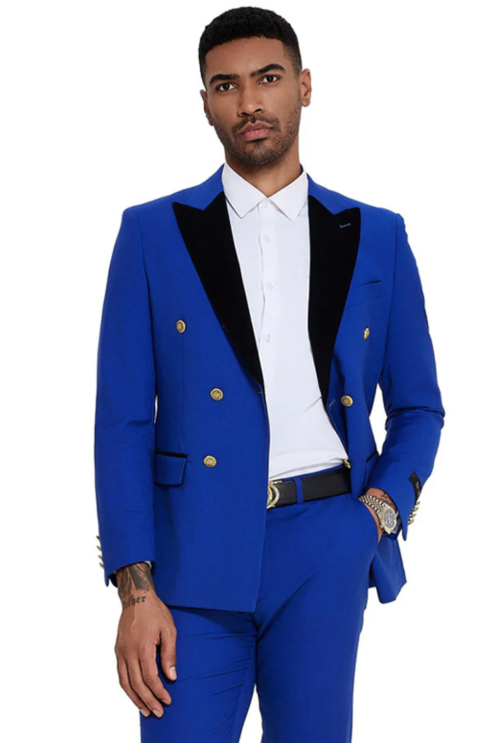 Mens Double Breasted Wedding Suit With Velvet Peak Lapel and Gold Buttons in Royal Blue by USA Men's Outlet