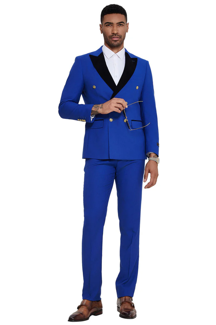 Mens Double Breasted Wedding Suit With Velvet Peak Lapel and Gold Buttons in Royal Blue by USA Men's Outlet