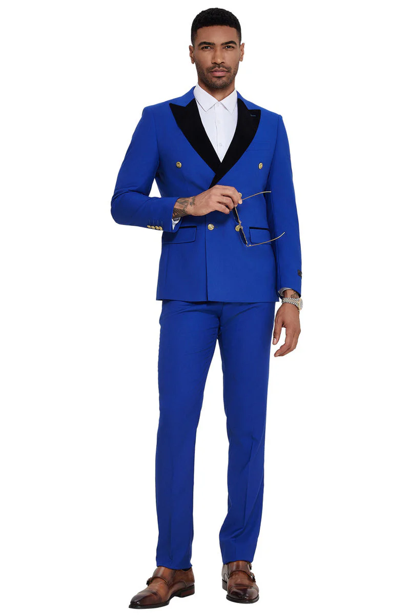 Mens Double Breasted Wedding Suit With Velvet Peak Lapel and Gold Buttons in Royal Blue by USA Men's Outlet