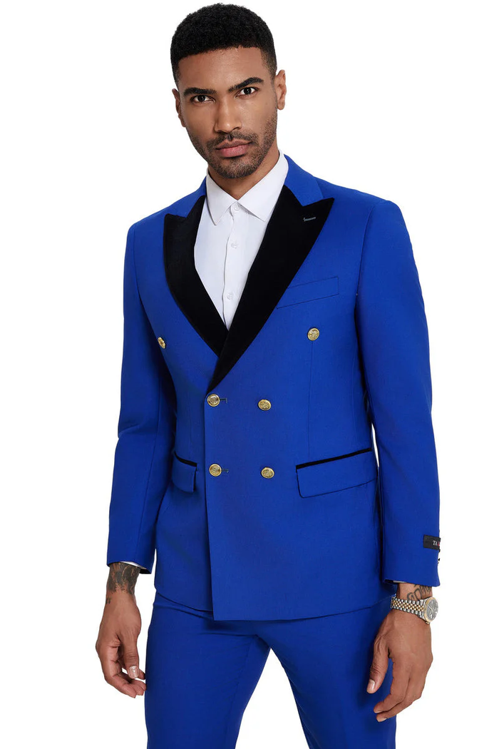 Mens Double Breasted Wedding Suit With Velvet Peak Lapel and Gold Buttons in Royal Blue by USA Men's Outlet