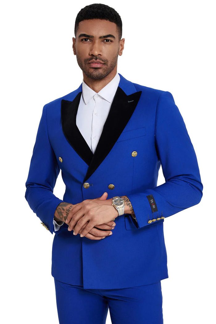 Mens Double Breasted Wedding Suit With Velvet Peak Lapel and Gold Buttons in Royal Blue by USA Men's Outlet