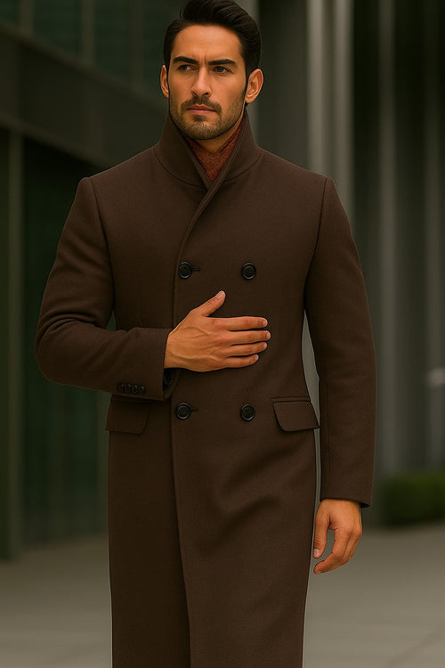 Mens Full Length Length Top Coat - Double Breasted Brown Herringbone by USA Men's Outlet