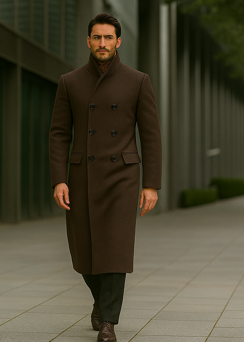 Mens Full Length Length Top Coat - Double Breasted Brown Herringbone by USA Men's Outlet