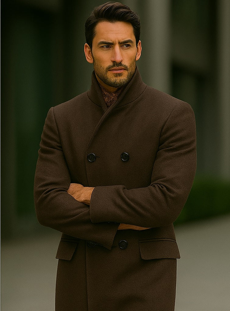 Mens Full Length Length Top Coat - Double Breasted Brown Herringbone by USA Men's Outlet