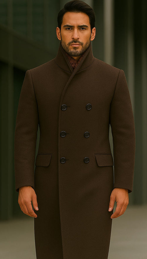 Mens Full Length Length Top Coat - Double Breasted Brown Herringbone by USA Men's Outlet