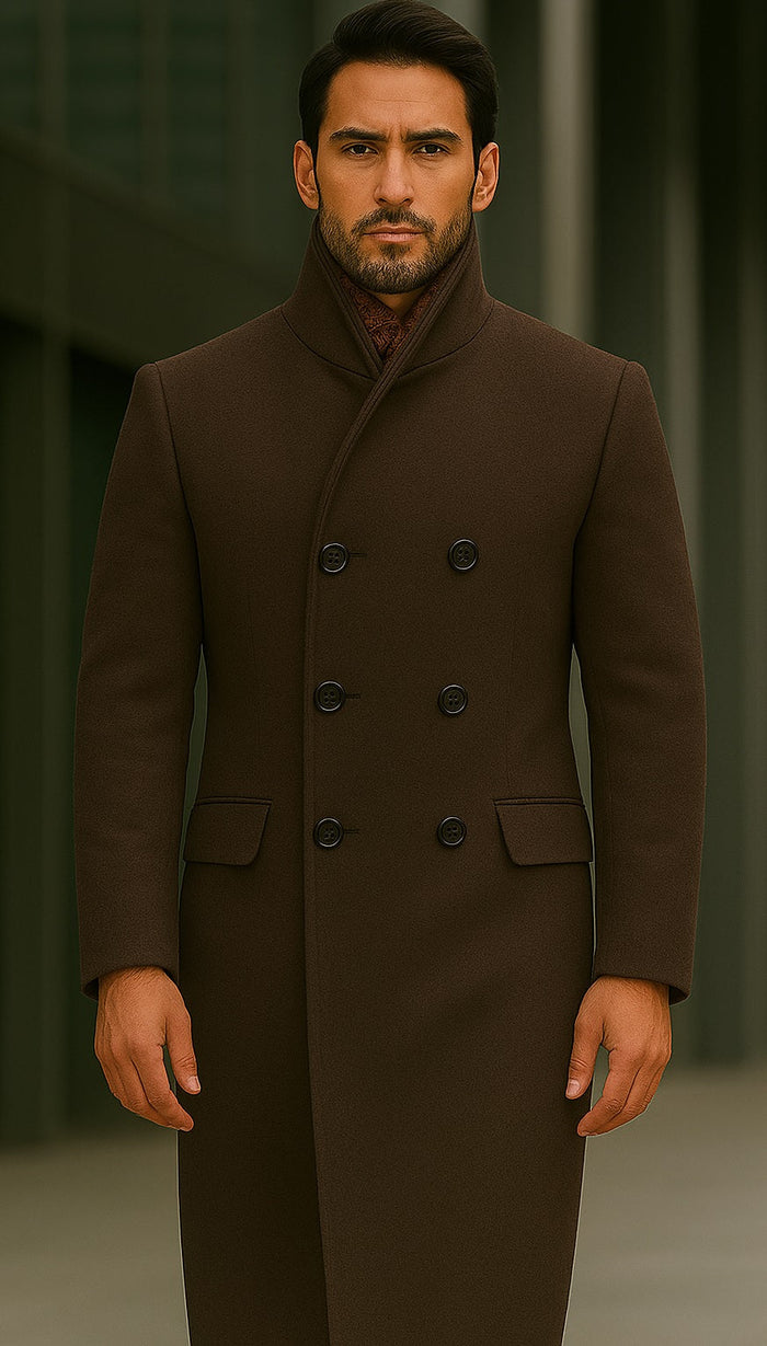 Mens Full Length Length Top Coat - Double Breasted Brown Herringbone by USA Men's Outlet