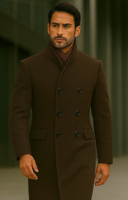 Mens Full Length Length Top Coat - Double Breasted Brown Herringbone by USA Men's Outlet