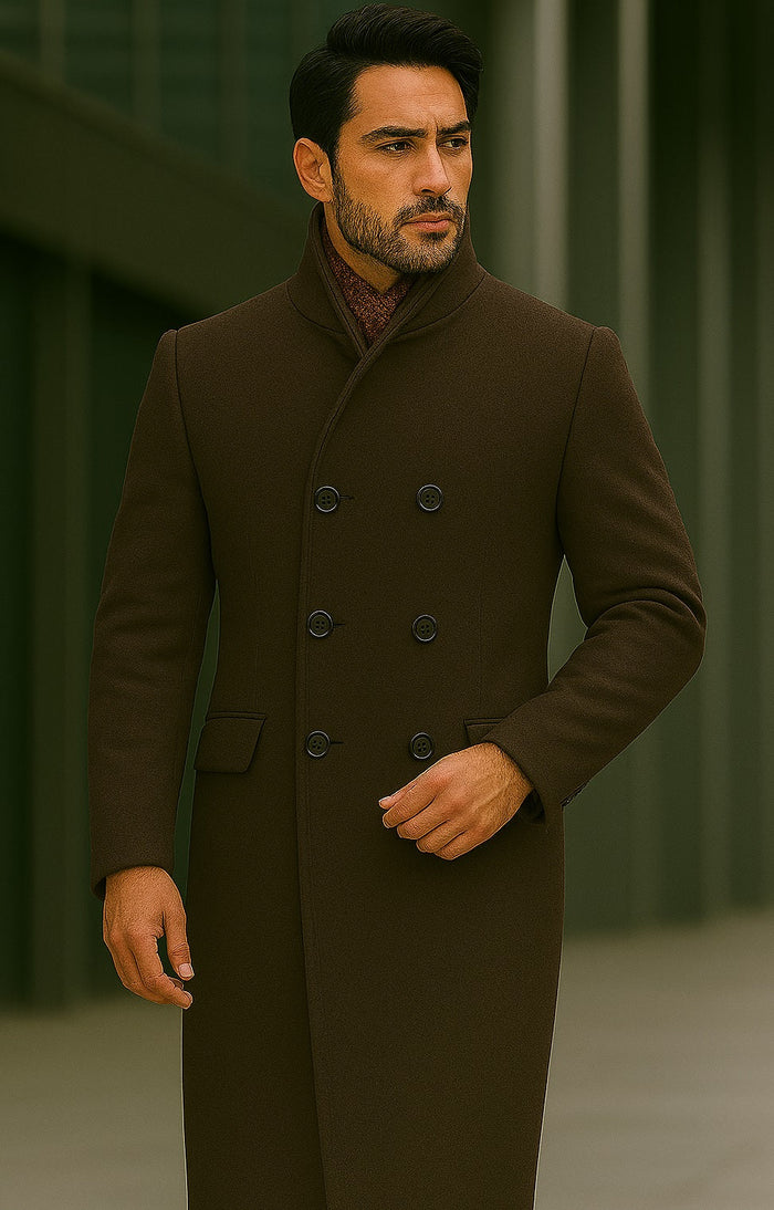 Mens Full Length Length Top Coat - Double Breasted Brown Herringbone by USA Men's Outlet