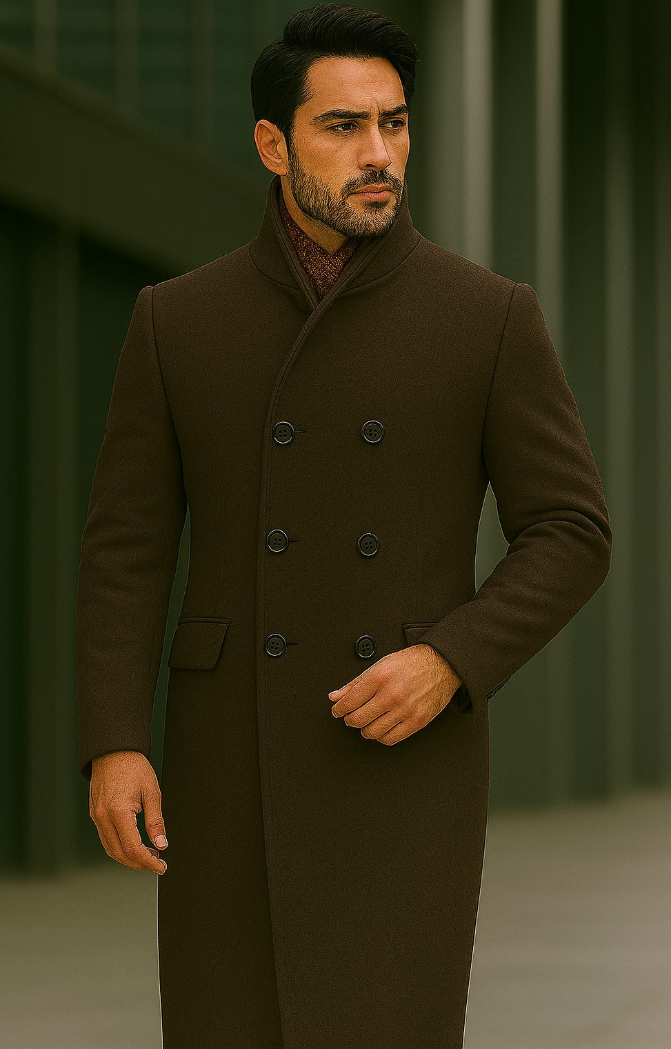 Mens Full Length Length Top Coat - Double Breasted Brown Herringbone by USA Men's Outlet