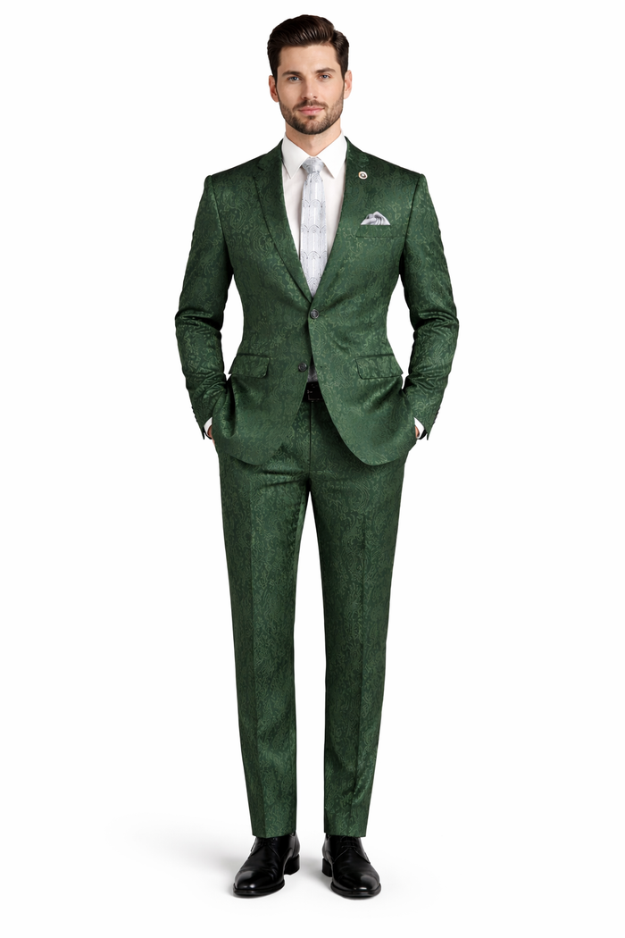 Mens Paisley Prom Suit in Hunter Green – Slim Fit Formal Party Outfit