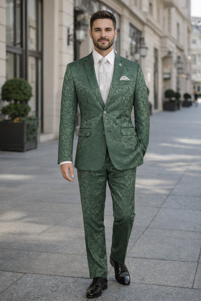Mens Paisley Prom Suit in Hunter Green – Slim Fit Formal Party Outfit