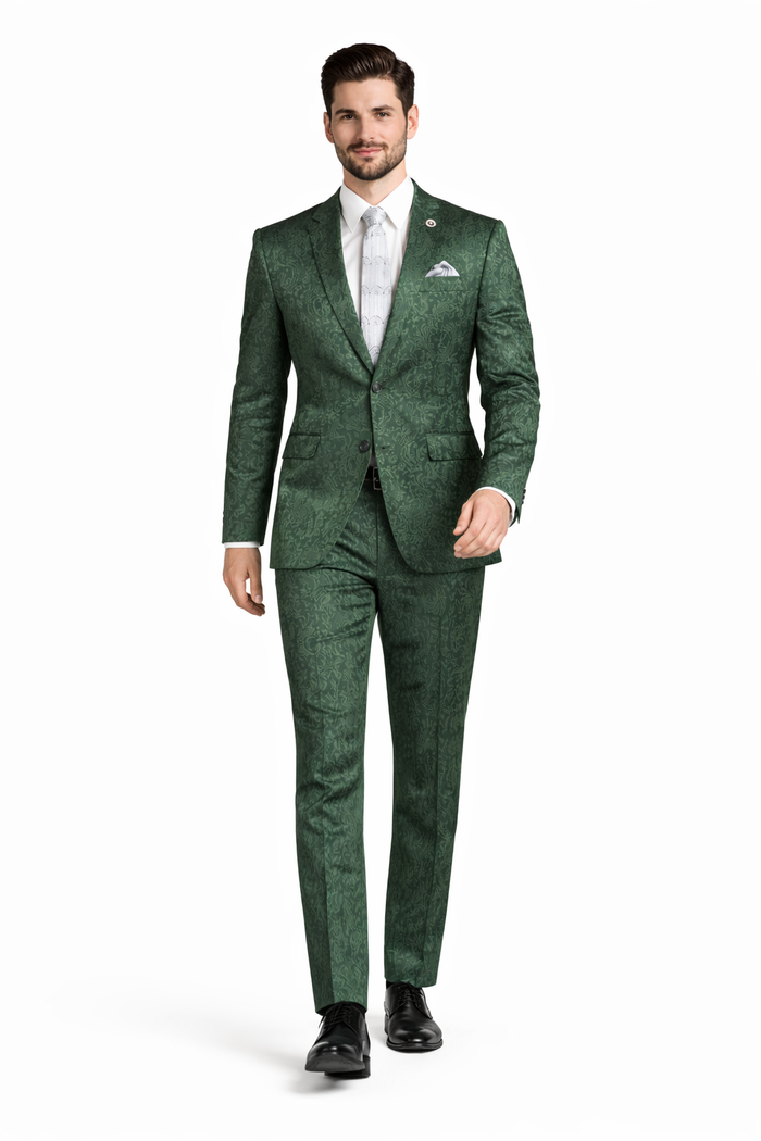 Mens Paisley Prom Suit in Hunter Green – Slim Fit Formal Party Outfit