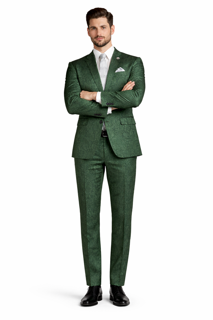 Mens Paisley Prom Suit in Hunter Green – Slim Fit Formal Party Outfit