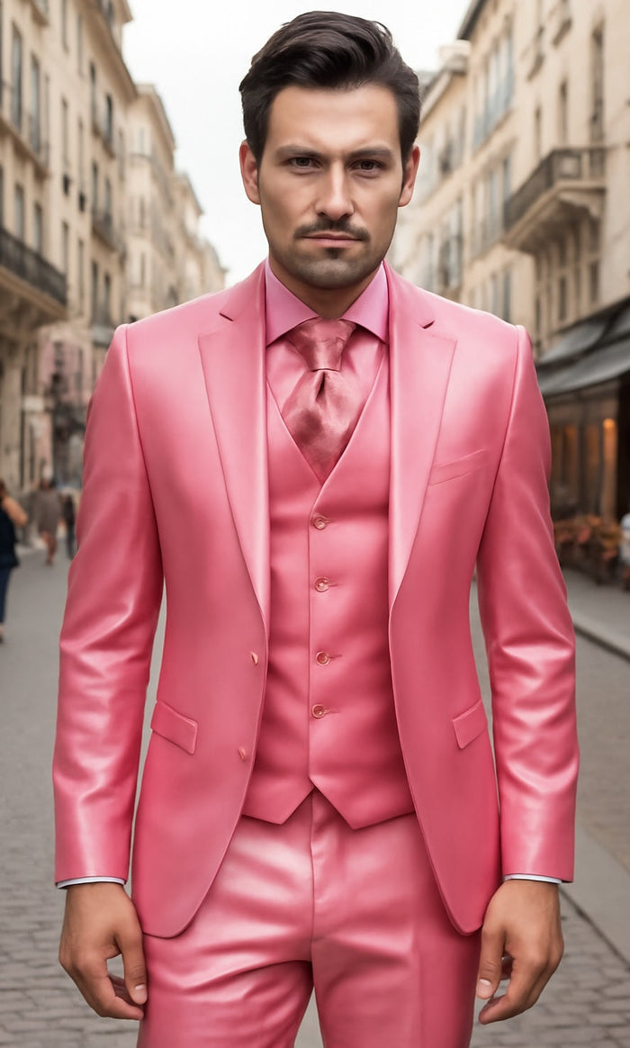 Mens Shiny Blazer - Rose Gold Sateen Vested Suit by mensusain