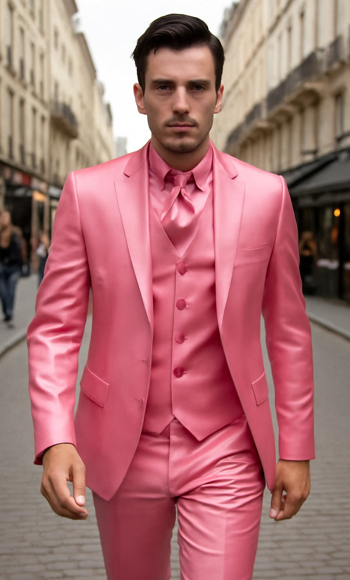 Mens Shiny Blazer - Rose Gold Sateen Vested Suit by mensusain