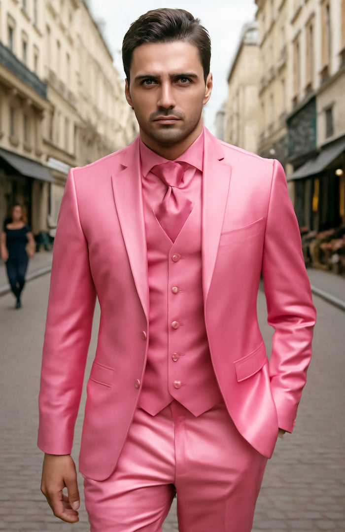 Mens Shiny Blazer - Rose Gold Sateen Vested Suit by mensusain