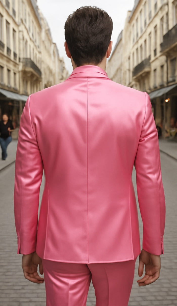 Mens Shiny Blazer - Rose Gold Sateen Vested Suit by mensusain