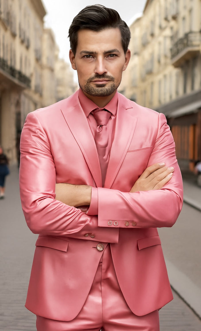 Mens Shiny Blazer - Rose Gold Sateen Vested Suit by mensusain