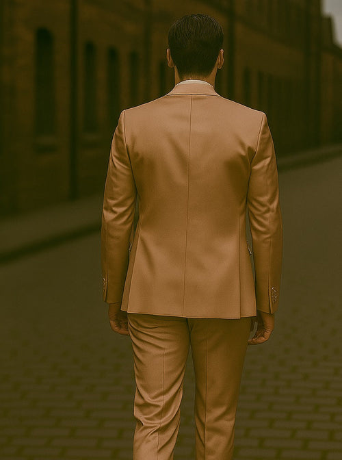 Mens Shiny Blazer - Tan Sateen Vested Suit