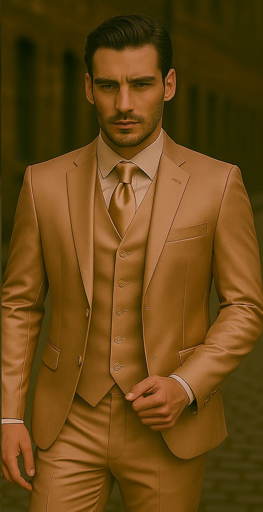 Mens Shiny Blazer - Tan Sateen Vested Suit