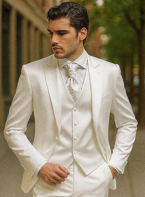 Mens Shiny Blazer - White Sateen Vested Suit