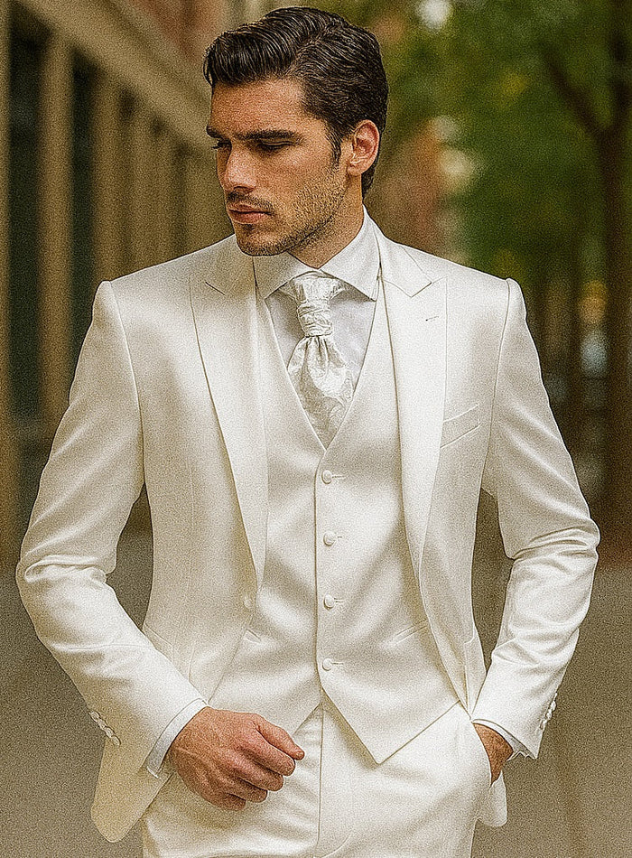 Mens Shiny Blazer - White Sateen Vested Suit