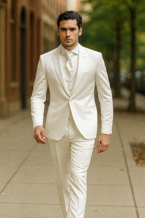 Mens Shiny Blazer - White Sateen Vested Suit
