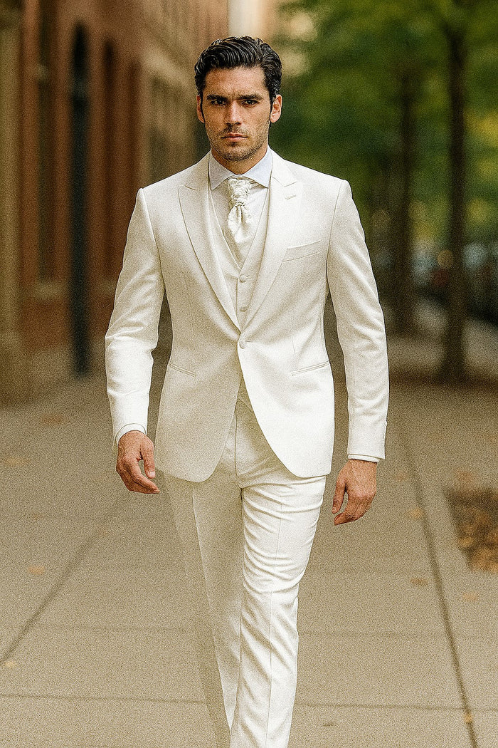 Mens Shiny Blazer - White Sateen Vested Suit