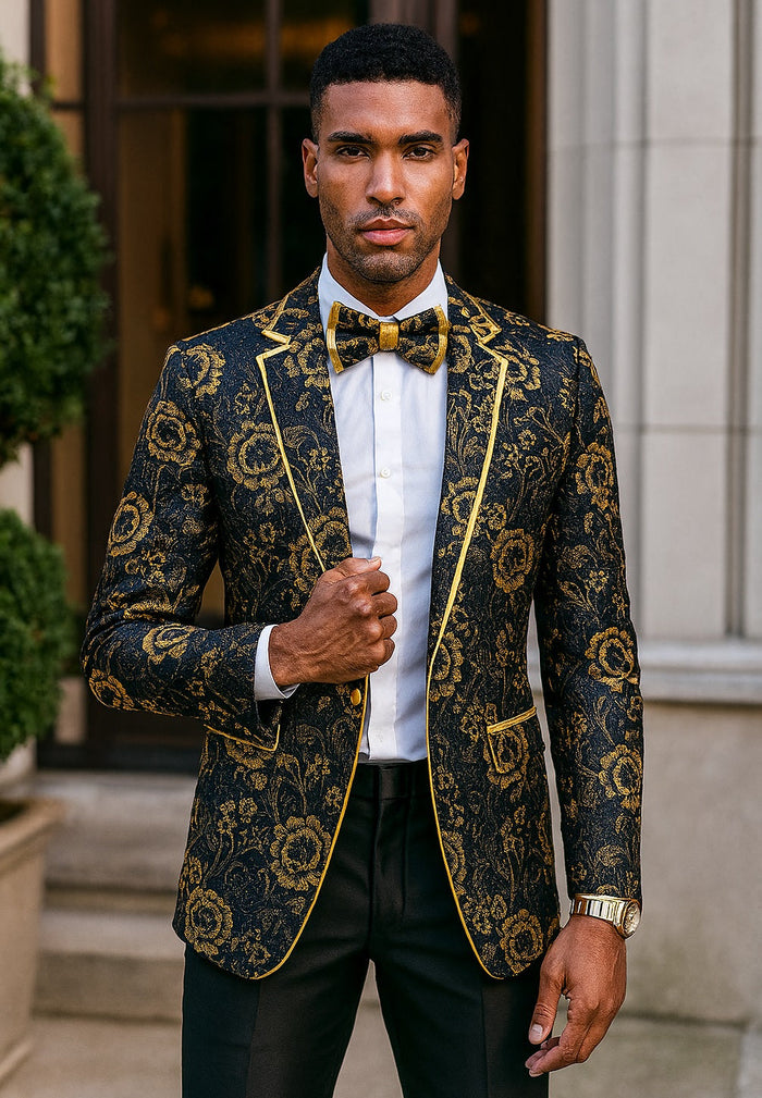 Mens Slim Fit Shawl Prom Blazer in Gold Flower Print
