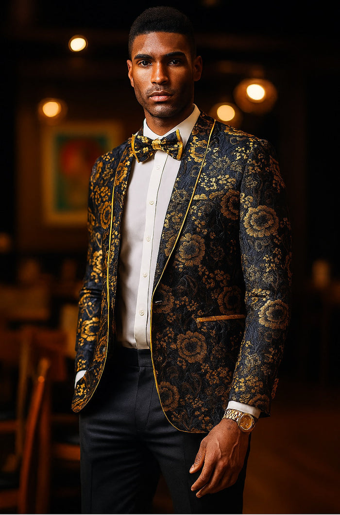 Mens Slim Fit Shawl Prom Blazer in Gold Flower Print