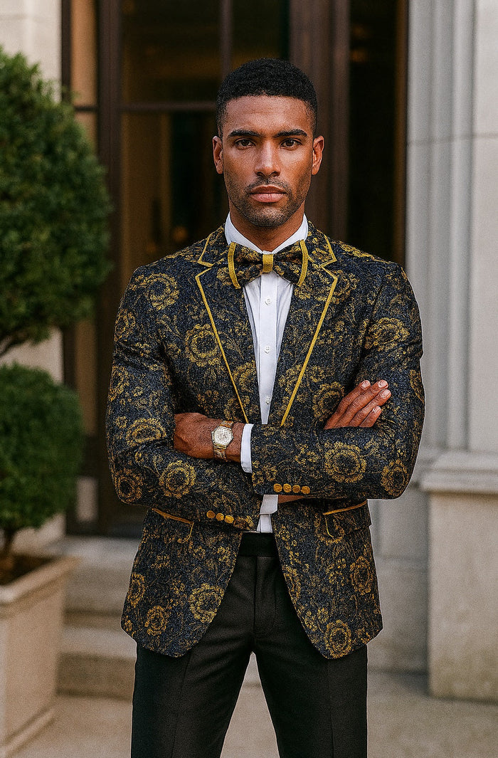 Mens Slim Fit Shawl Prom Blazer in Gold Flower Print
