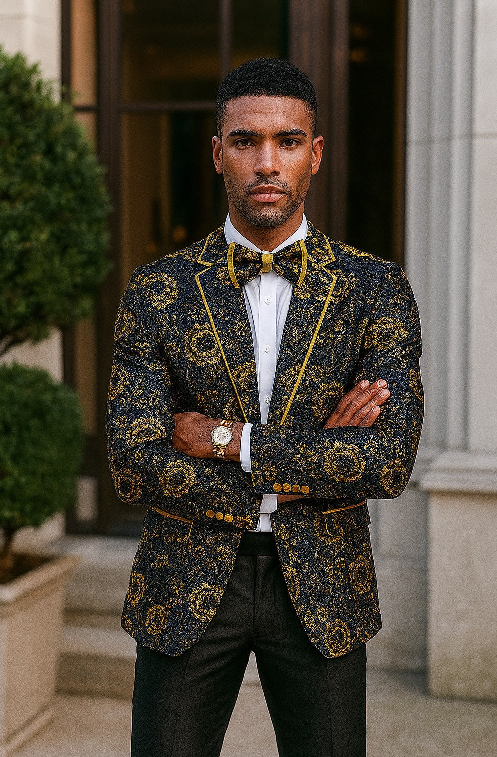 Mens Slim Fit Shawl Prom Blazer in Gold Flower Print