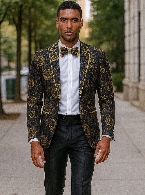 Mens Slim Fit Shawl Prom Blazer in Gold Flower Print