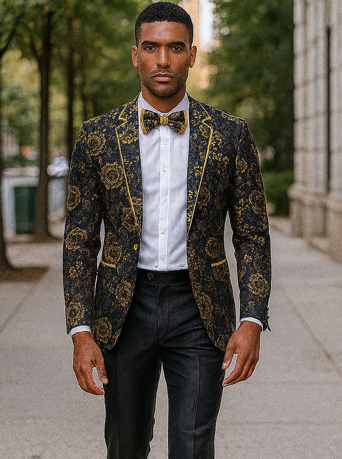 Mens Slim Fit Shawl Prom Blazer in Gold Flower Print