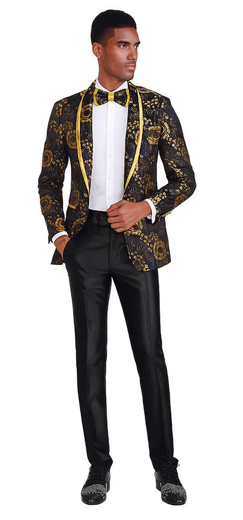 Mens Slim Fit Shawl Prom Blazer in Gold Flower Print