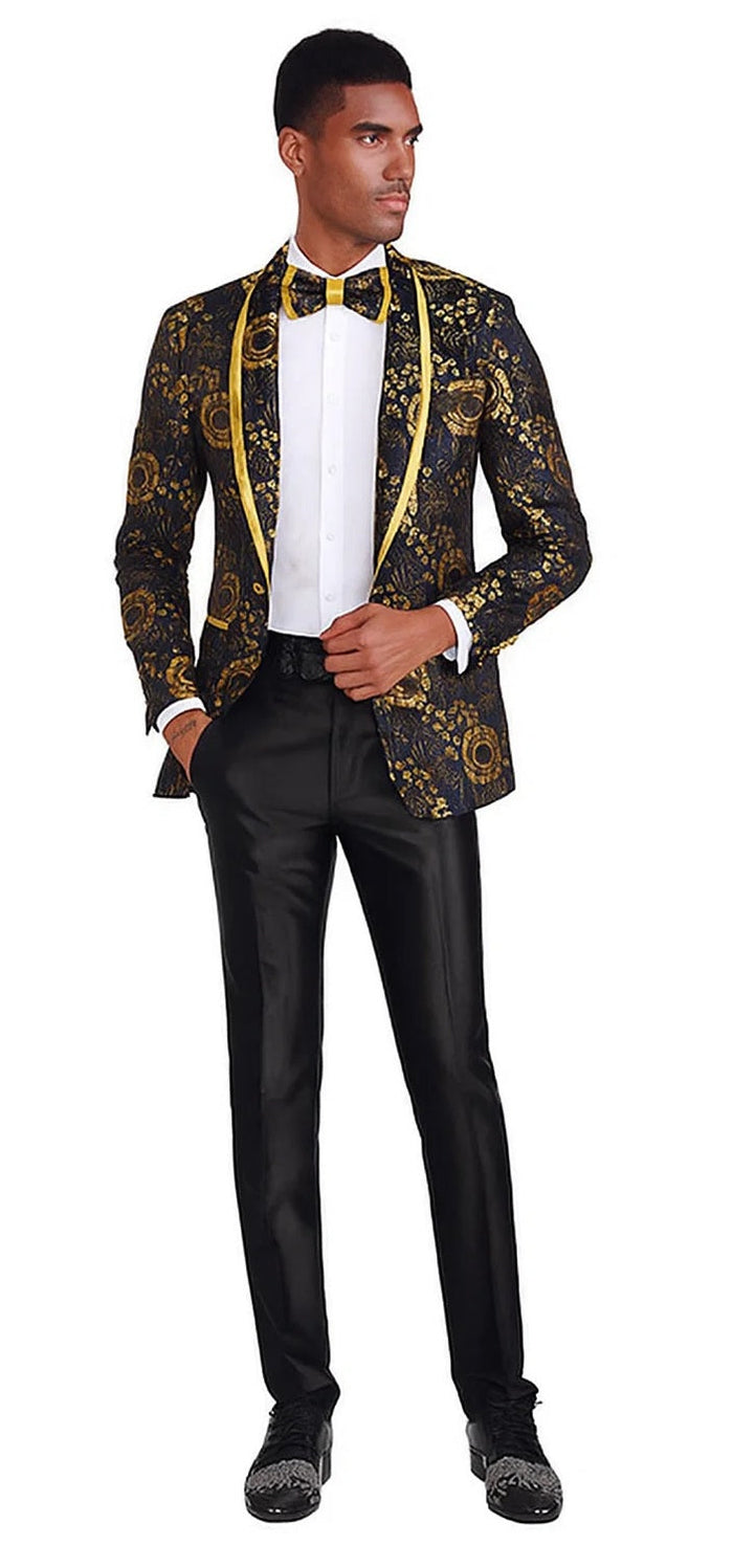 Mens Slim Fit Shawl Prom Blazer in Gold Flower Print