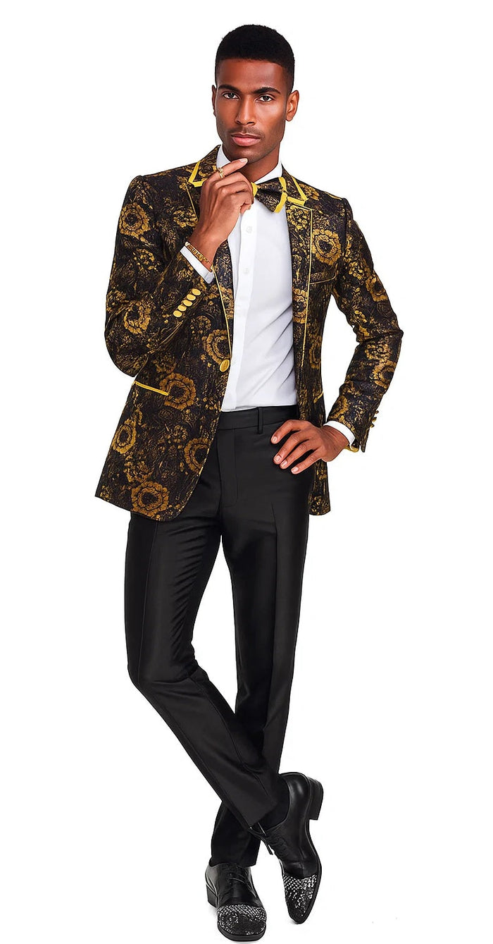 Mens Slim Fit Shawl Prom Blazer in Gold Flower Print