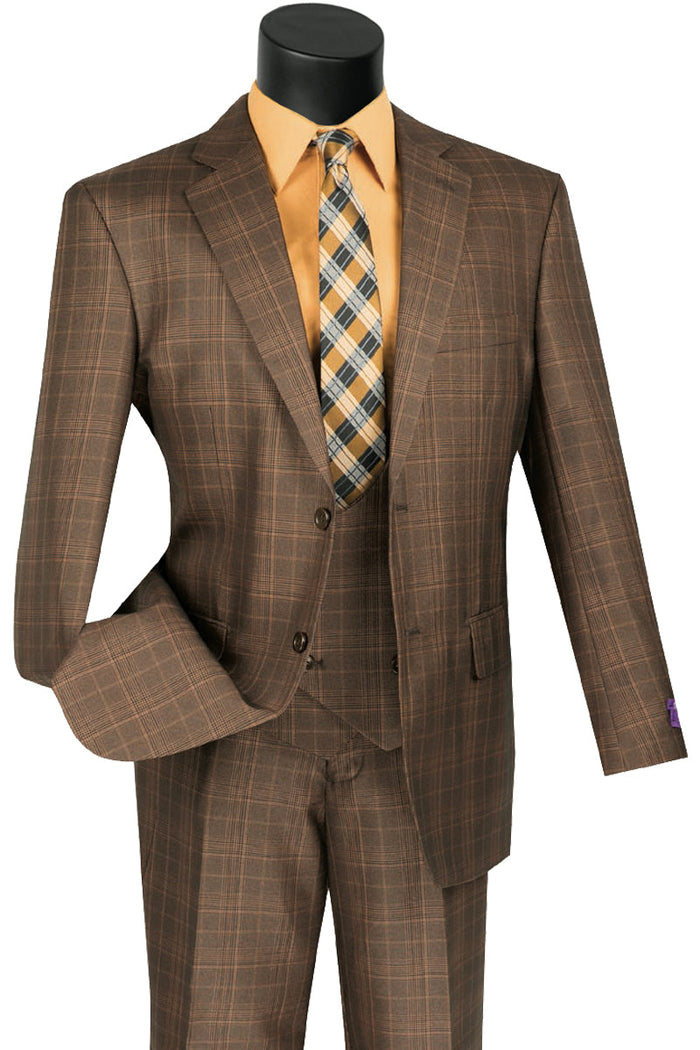 Mens Classic Fit Low Cut Vest Glen Plaid Suit in Burgundy by Vinci
