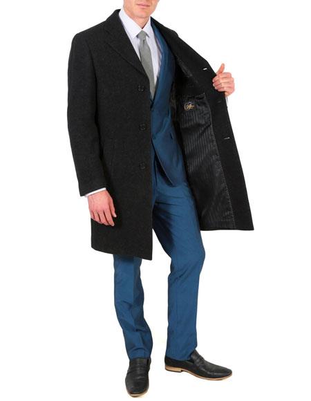 Men's Charcoal 3 Button Closure Overcoat Men's Carcoat - Car Coat Mid Length Three Quarter Length Coat USA Men's Outlet