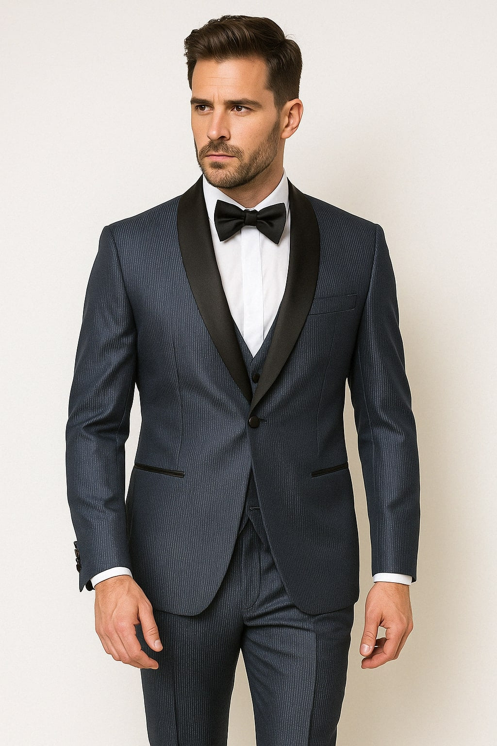 Mens Midnight Blue Stripe Tuxedo Jacket with Black Satin Shawl Lapel – Shiny Formal Party Suit – SuitUSA